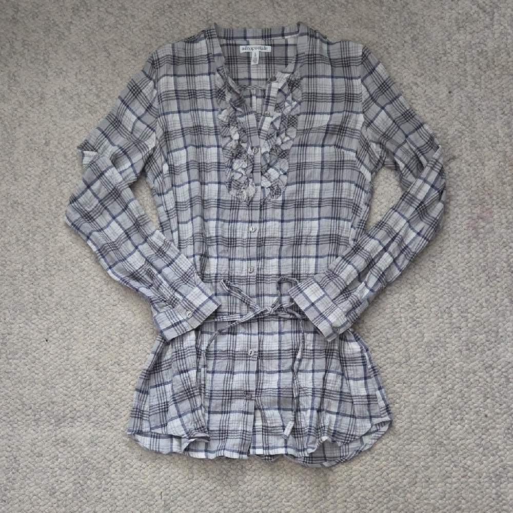 Aeropostale Blue Plaid Ruffle Blouse